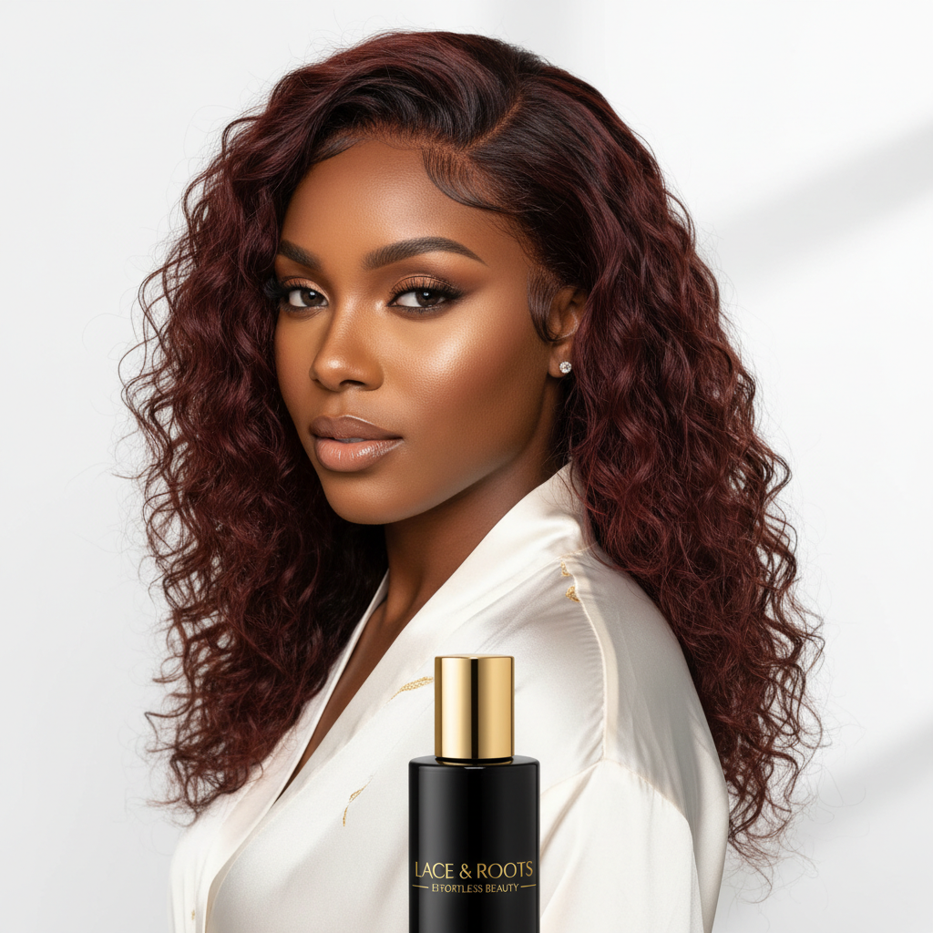 Elegant Black woman wearing a pre-cut lace glueless wig with perfectly natural hairline from Melted Hair