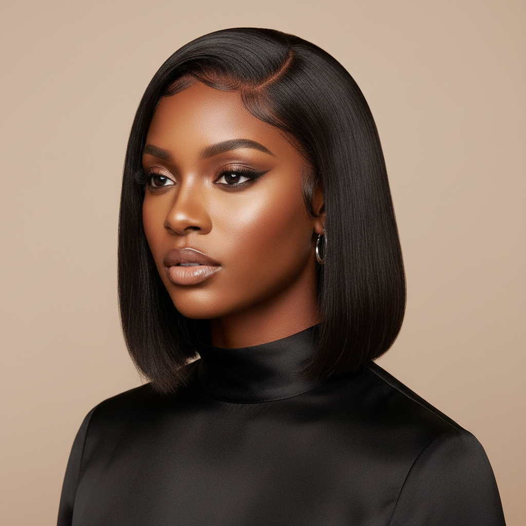 Stylish Black woman wearing a sleek short bob glueless HD lace wig from Melted Hair