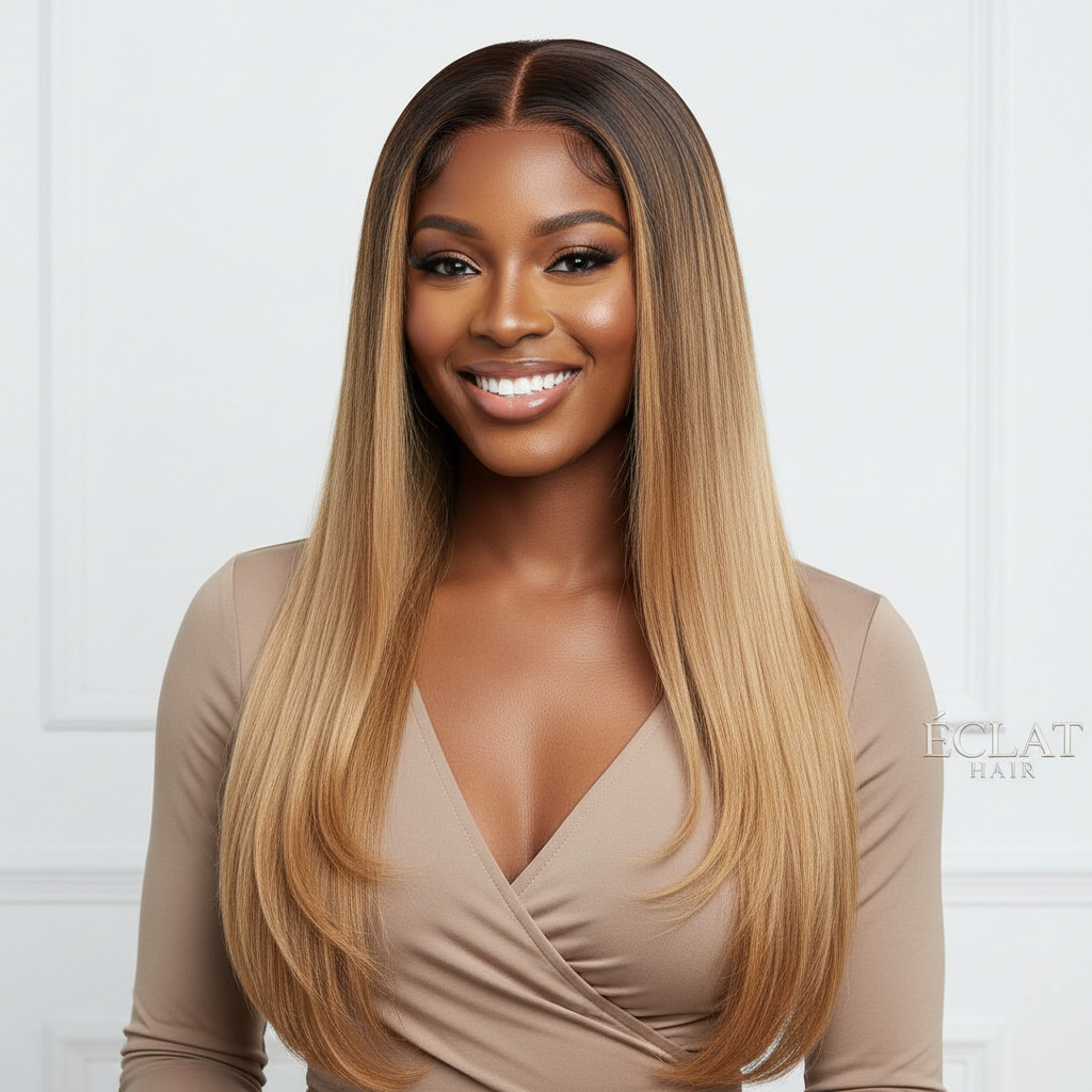 Stunning Black woman wearing a honey blonde highlight balayage HD lace wig from Melted Hair
