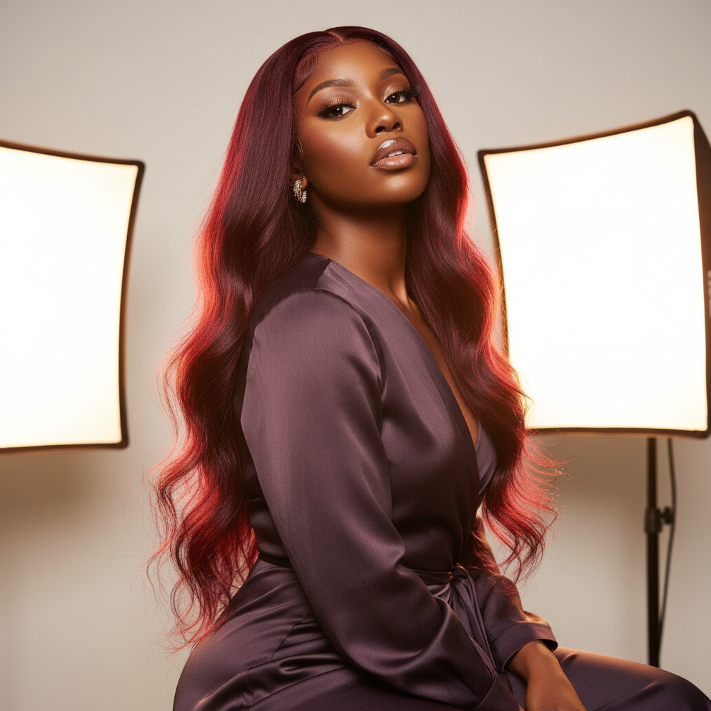 Beautiful Black woman wearing a bold deep burgundy red glueless HD lace wig from Melted Hair