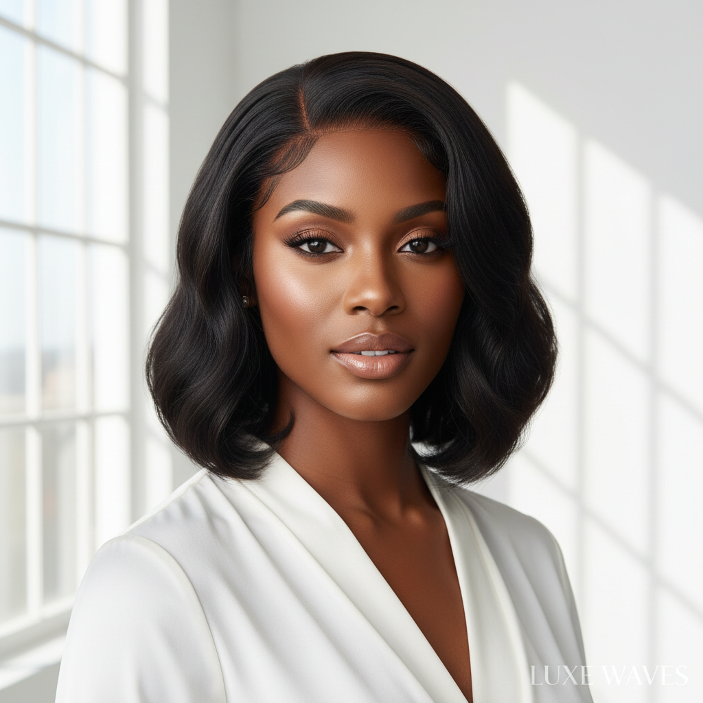 Elegant Black woman wearing a water wave glueless HD lace wig from Melted Hair