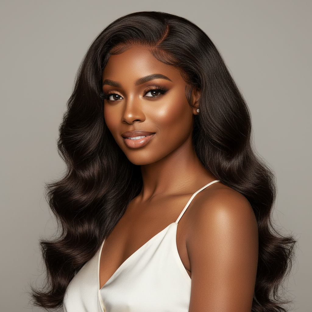 Beautiful Black woman wearing a long deep wave glueless HD lace wig from Melted Hair