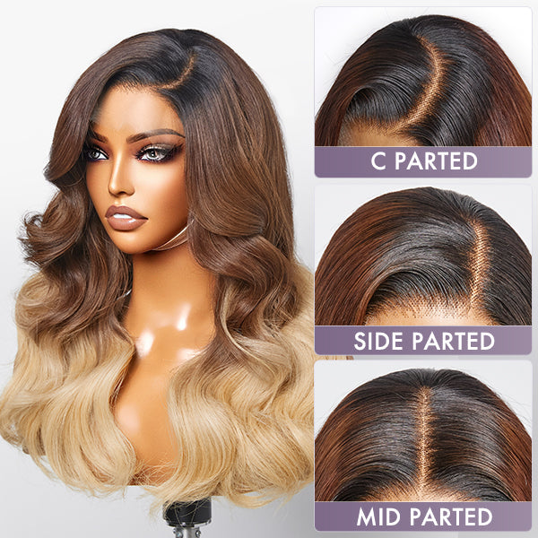 Brown Blonde Ombre Body Wave 5x5 Closure HD Lace Glueless Side Part Wig 100% Human Hair