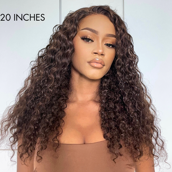 Brown Water Wave 5x5 Closure Lace Glueless Mid Part Long Wig 100% Human Hair  - US Only