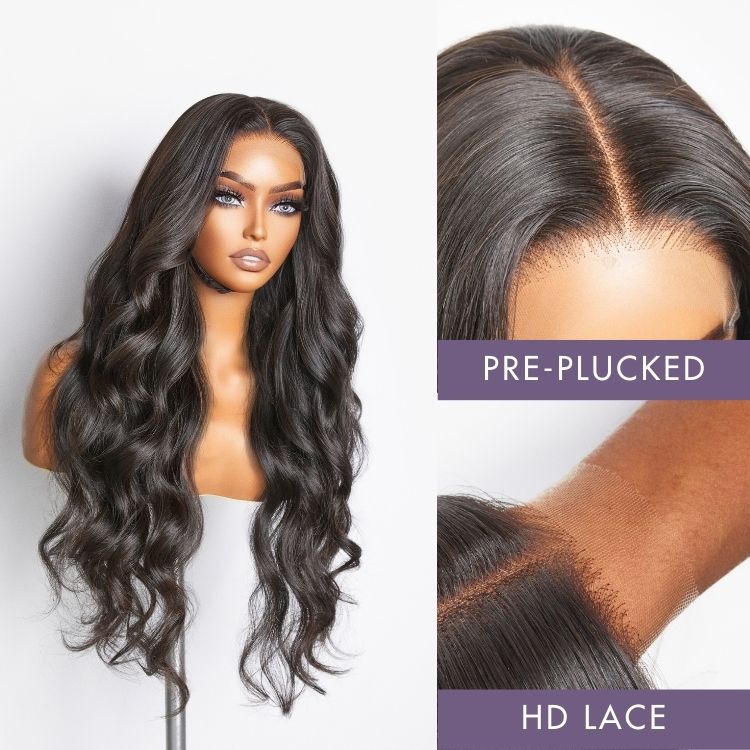 Halo Hair Style Hair 180% Density | Natural Black Loose Body Wave 5x5 Closure HD Lace Glueless Mid Part Long Wig | Large & Small Cap Size - US Only