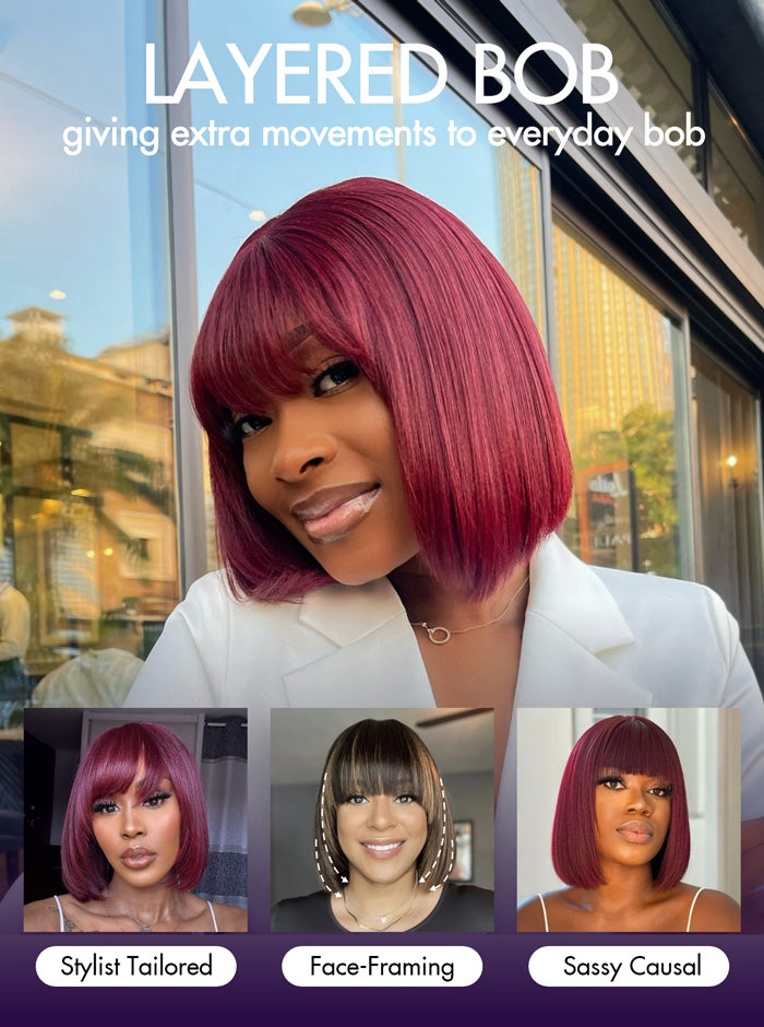 Tiktok Exclusive Deal | Put On and Go Reddish Purple / Brown Highlight / Natural Black Layered Cut Yaki Straight Minimalist Lace Bob Wig with Bangs-25