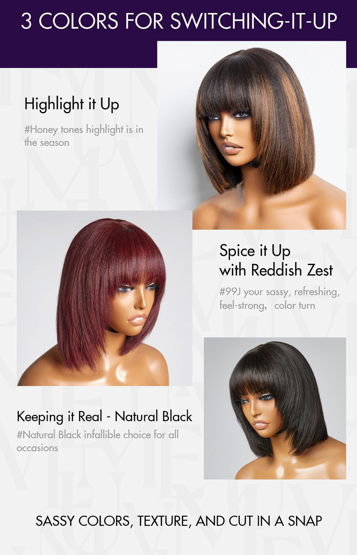 Tiktok Exclusive Deal | Put On and Go Reddish Purple / Brown Highlight / Natural Black Layered Cut Yaki Straight Minimalist Lace Bob Wig with Bangs-26