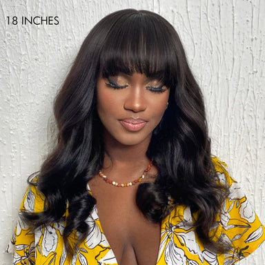 Breathable Cap Loose Wave 5x5 Closure Lace Glueless Human Hair Long Wig with Cute Bangs - US Only