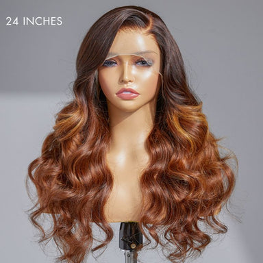 Amanda Honey Brown Highlight Glueless 13x4 Frontal Lace Side Part Long Wig | Large & Small Cap Size
