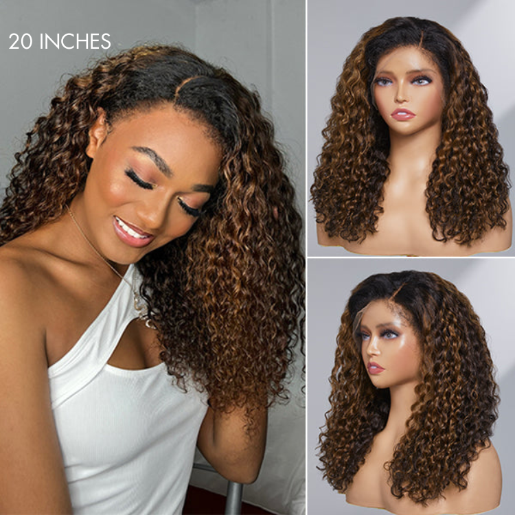 4C Edges | Kinky Edges Ombre Brown Deep Wave Glueless 13x4 Frontal HD Lace Side Part Long Wig - US Only