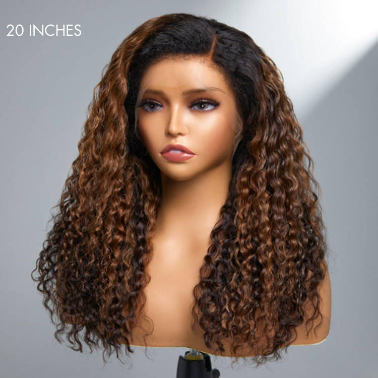 4C Edges | Kinky Edges Ombre Brown Deep Wave Glueless 13x4 Frontal HD Lace Side Part Long Wig - US Only