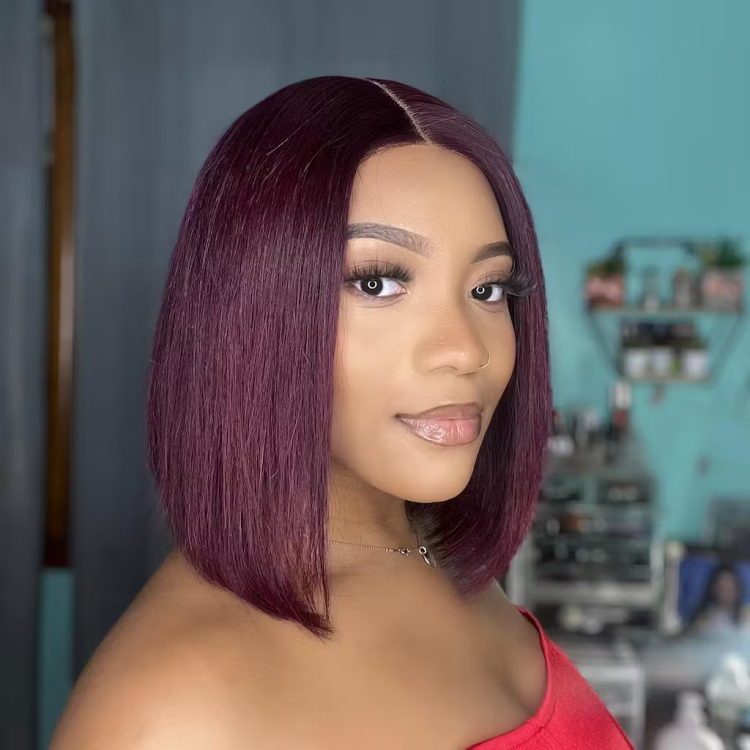 Reddish Purple Glueless Blunt Cut Bob 5x5 Closure Wig 100% Human Hair | Easy Install & Effortless