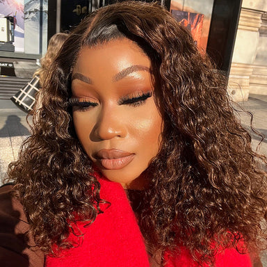 Black to Brown Ombre Bouncy Curly 4x4 Closure Lace Glueless Side Part Long Wig- US Only