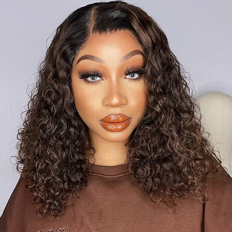Black to Brown Ombre Bouncy Curly 4x4 Closure Lace Glueless Side Part Long Wig- US Only