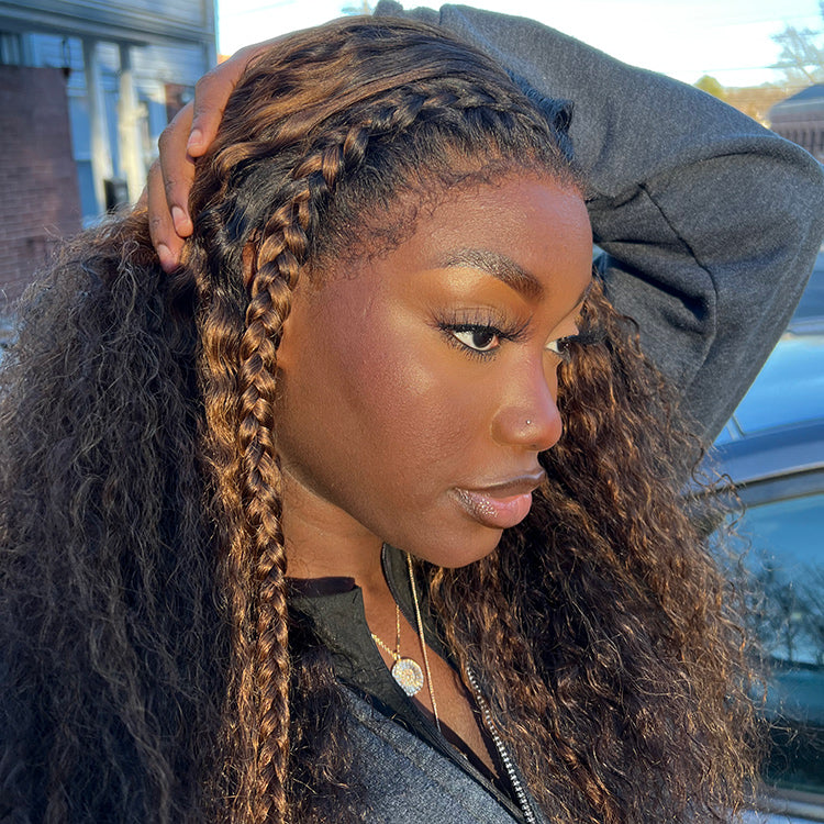 4C Edges | Kinky Edges Ombre Brown Deep Wave Glueless 13x4 Frontal HD Lace Side Part Long Wig - US Only