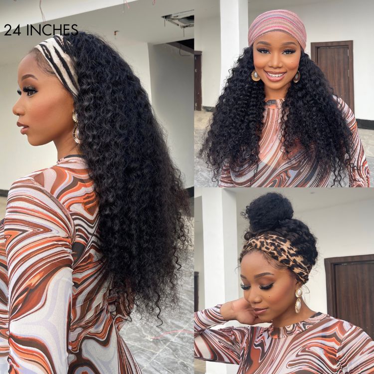 Special Deal | Throw On & Go Natural Black Deep Wave No Lace Glueless Long Headband Wig (Get Free Trendy Headbands)