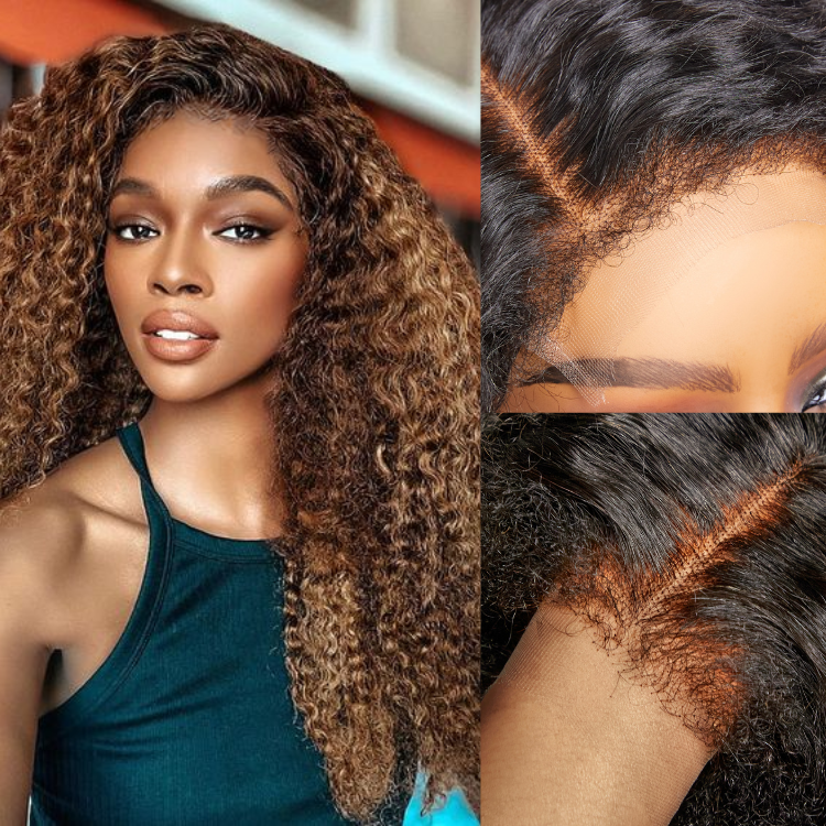 4C Edges | Kinky Edges Ombre Brown Deep Wave Glueless 13x4 Frontal HD Lace Side Part Long Wig - US Only