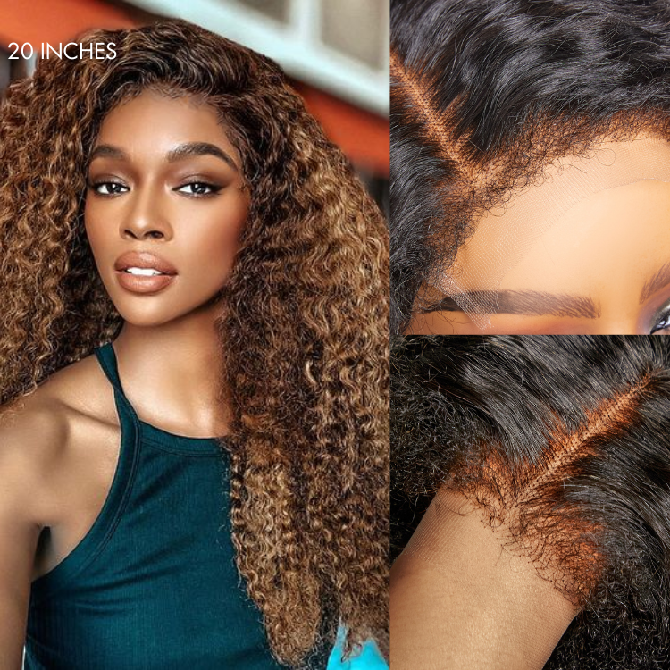 4C Edges | Kinky Edges Ombre Brown Deep Wave Glueless 13x4 Frontal HD Lace Side Part Long Wig - US Only