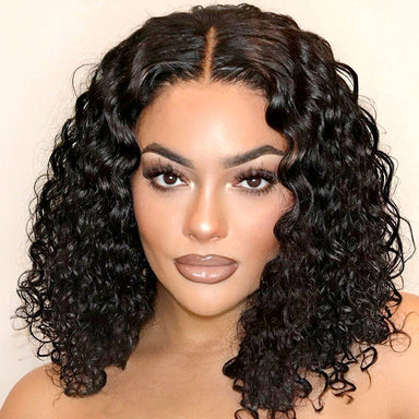 Casual Bouncy Curly 4x4 Closure Lace Glueless Mid Part Short Wig 100% Human Hair