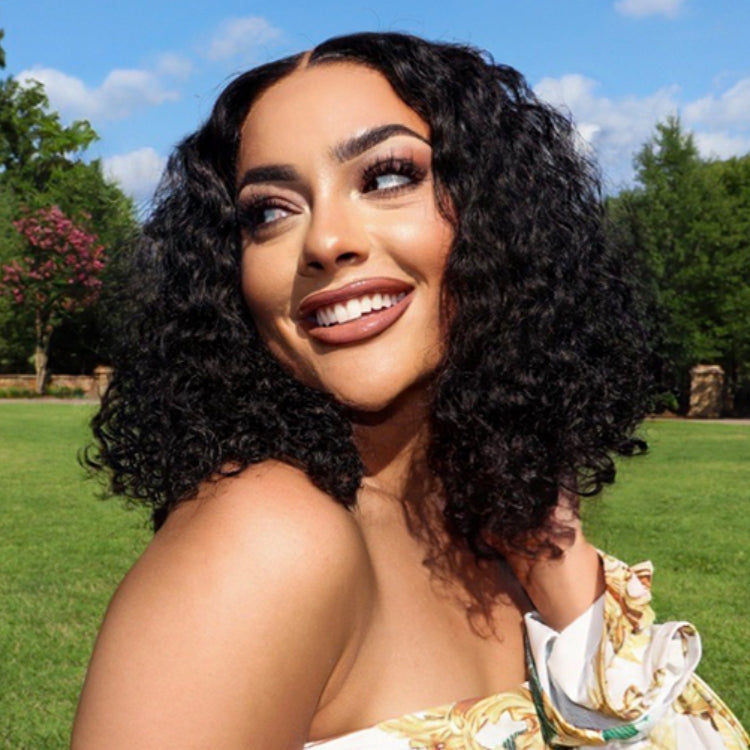 Casual Bouncy Curly 4x4 Closure Lace Glueless Mid Part Short Wig 100% Human Hair