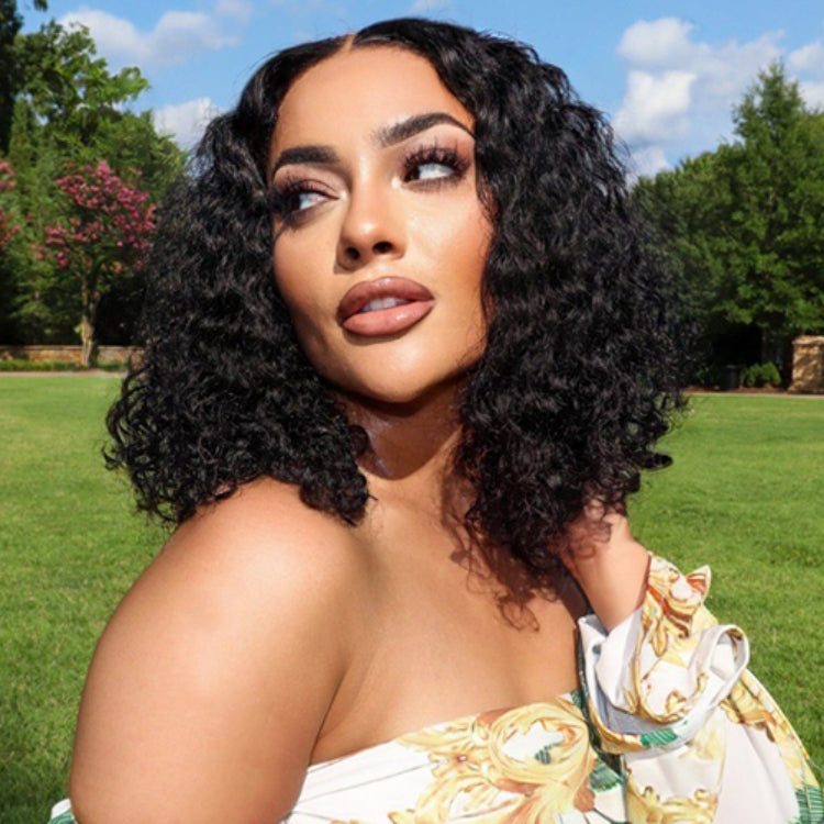 Casual Bouncy Curly 4x4 Closure Lace Glueless Mid Part Short Wig 100% Human Hair