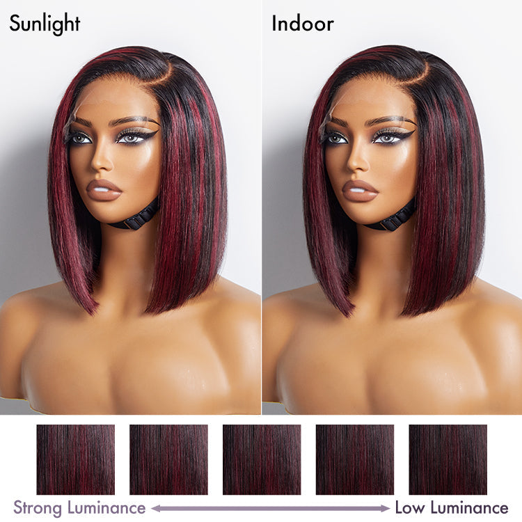 Dark Red Highlights Silky Blunt Cut C Part Glueless Minimalist HD Lace Bob Wig Beginner Friendly - US Only