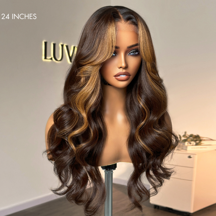 Blonde Highlight Loose Wave Glueless 5x5 Closure HD Lace Wig with Curtain Bangs - US Only