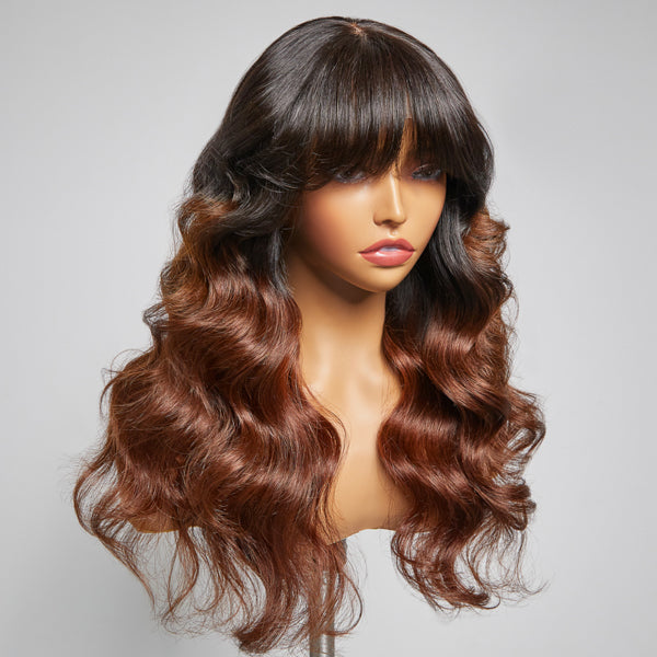 Letitia Chestnut Brown Ombre Loose Body Wave With Blunt Bangs 5x5 Closure Lace Glueless Wig | Large & Small Cap Size