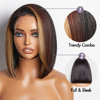 Brown Blonde Combo Highlight Straight Glueless 5x5 Closure HD Lace Bob Wig | Large & Small Cap Size