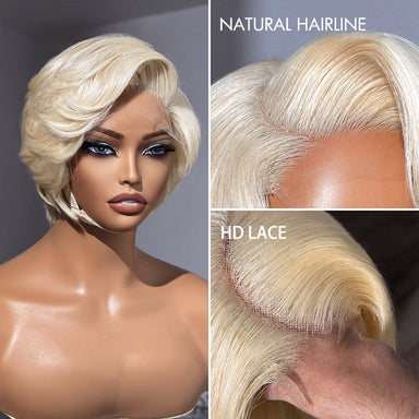 613 Blonde Pixie Cut Wig Glueless Minimalist HD Lace C Part Short Wig 100% Human Hair Pre-Cut Lace - Halo Hair Style GLUELESS