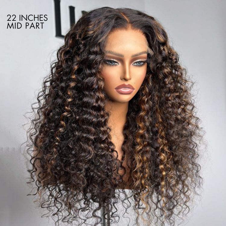 Real Max - Chestnut Brown Highlights Funmi 7x6 Closure HD Lace Long Curly Wig Breathable Cap