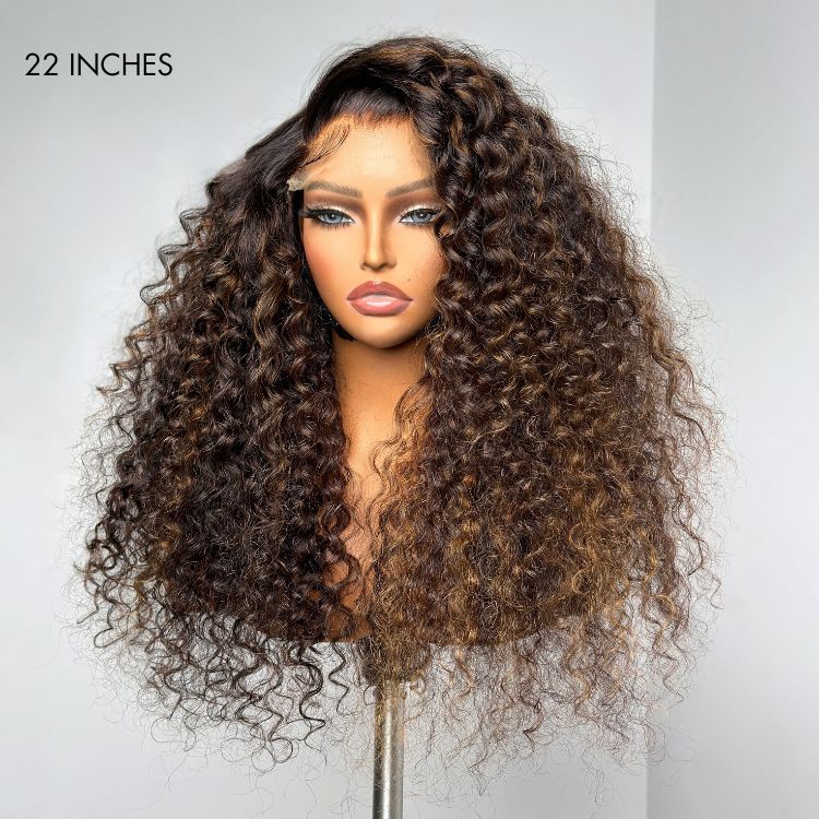 Real Max - Chestnut Brown Highlights Funmi 7x6 Closure HD Lace Long Curly Wig Breathable Cap