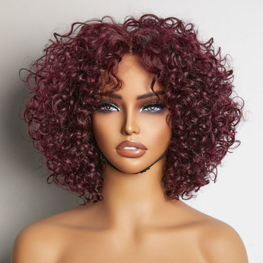 Trendy Burgundy Curly Bob Glueless Minimalist Lace T Part Wig 100% Human Hair - 99J