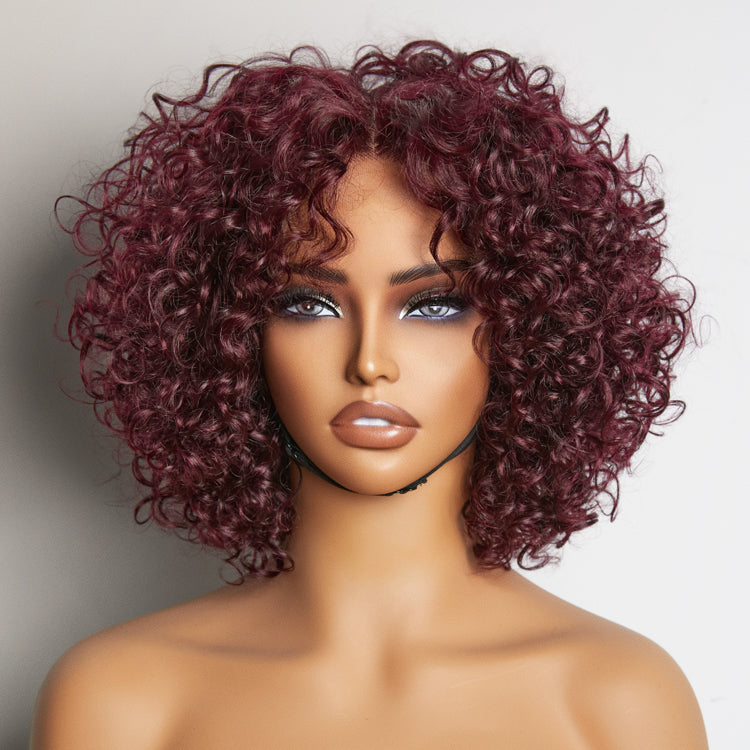 Trendy Burgundy Curly Bob Glueless Minimalist Lace T Part Wig 100% Human Hair - 99J