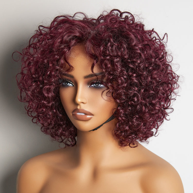 Trendy Burgundy Curly Bob Glueless Minimalist Lace T Part Wig 100% Human Hair - 99J