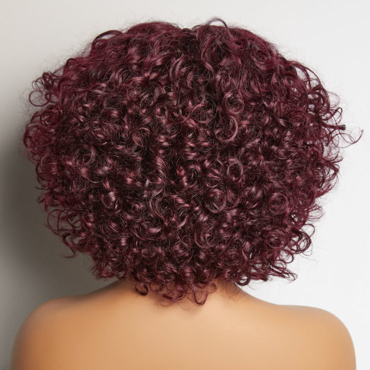 Trendy Burgundy Curly Bob Glueless Minimalist Lace T Part Wig 100% Human Hair - 99J