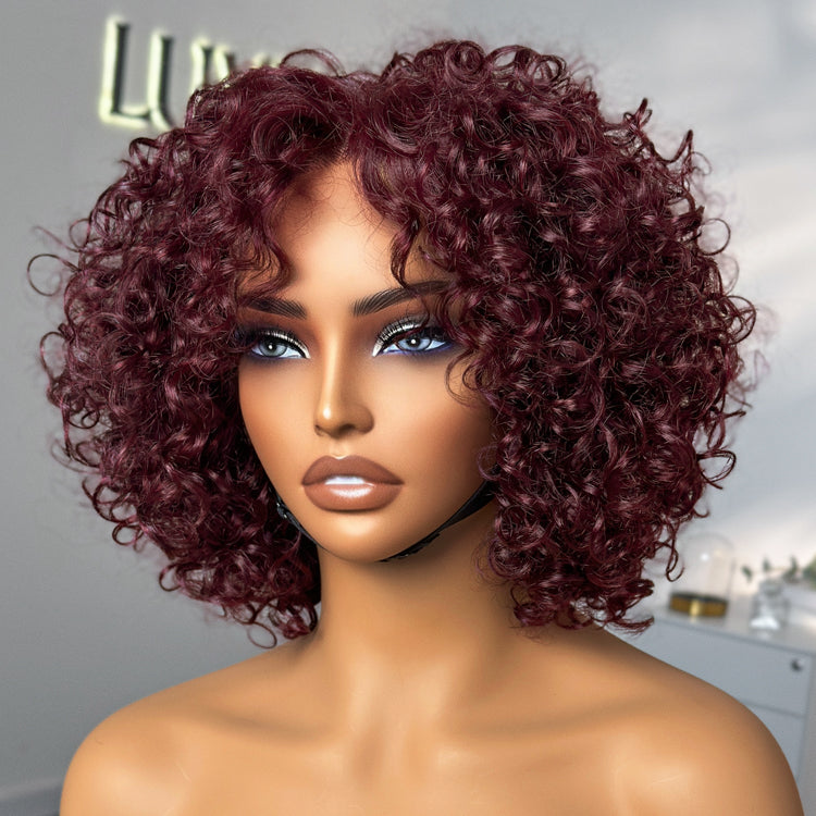 Trendy Burgundy Curly Bob Glueless Minimalist Lace T Part Wig 100% Human Hair - 99J