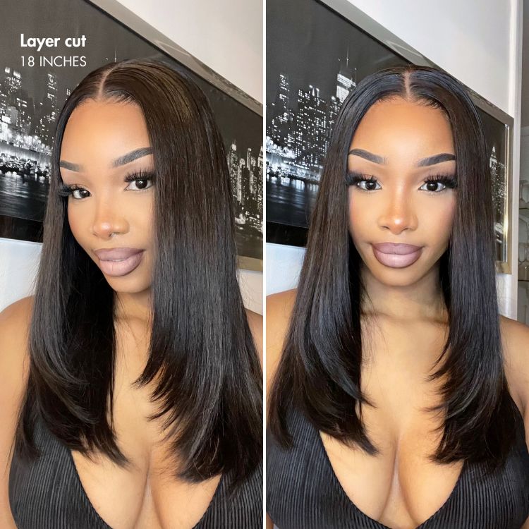 PRE MAX - Layer Cut Super Natural Hairline Silky Straight Glueless 13x4 Frontal Lace Wig Human Hair Pre-Cut Lace