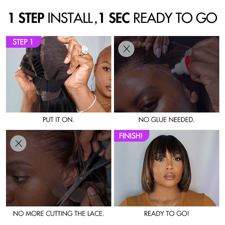 Weekly Special | Put On and Go Brown Highlight / Natural Black Layered Cut Yaki Straight Minimalist Lace Bob Wig with Bangs