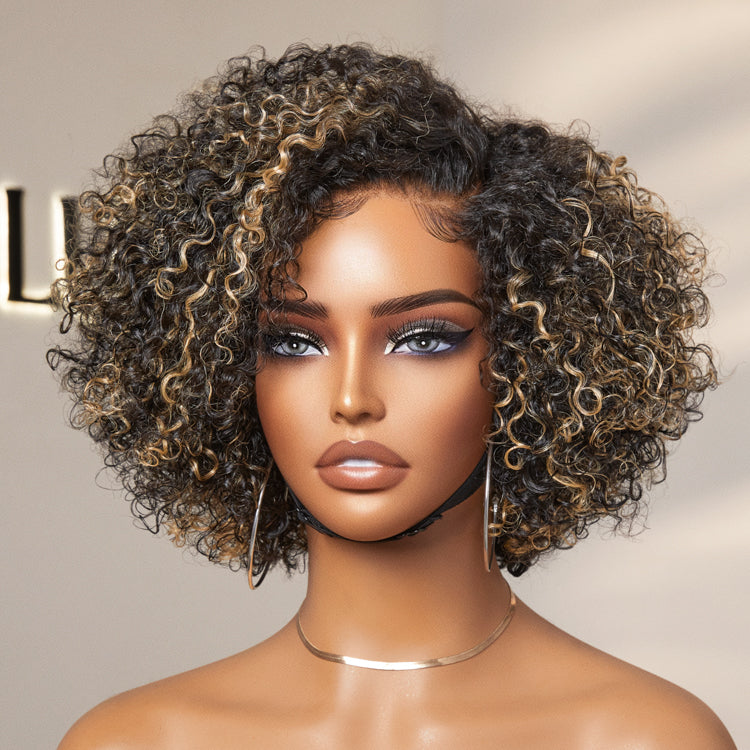 Melted Hair 100% Natural Black Wavy / Curly Bob Wig Glueless Minimalist Lace Pre-Cut Lace Wig