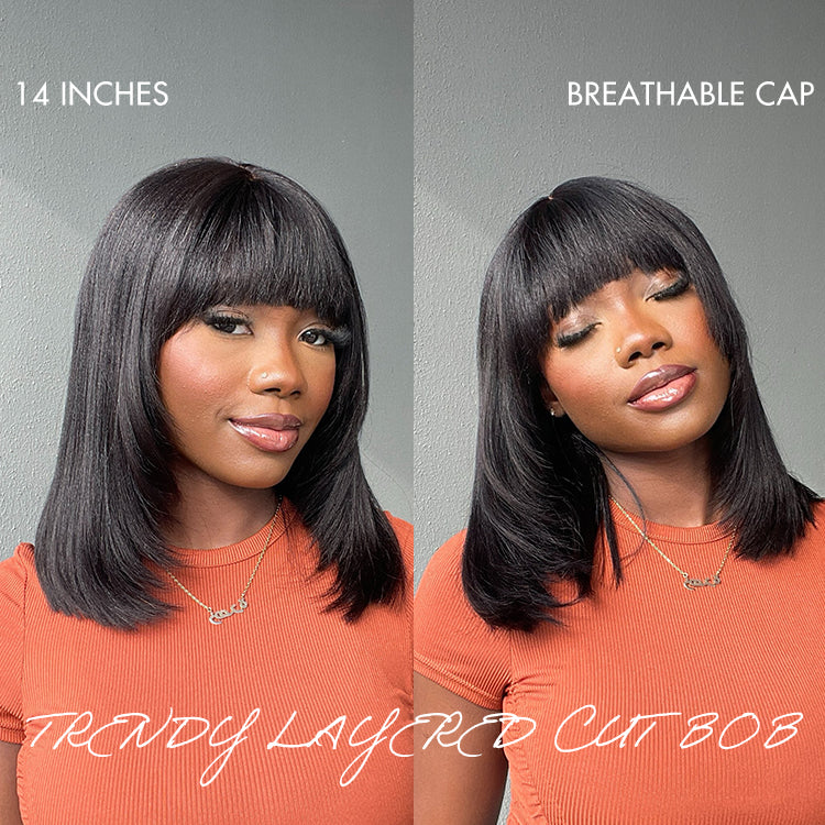 Special Offer | Put On and Go Brown Highlight / Natural Black Layered Cut Yaki Straight Minimalist Lace Bob Wig with Bangs