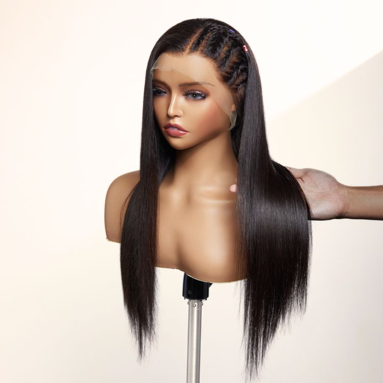 PreMax Wigs | 200% Density Natural Black Left Side Braids Straight 13x4 Frontal HD Lace Long Wig - US Only