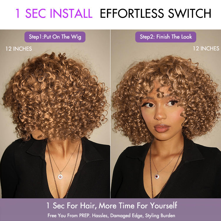 New Customers Only | Lightweight Sun-kissed Vibe Blonde Short Cut Water Wave Glueless Minimalist Lace Curly Wig with Bangs