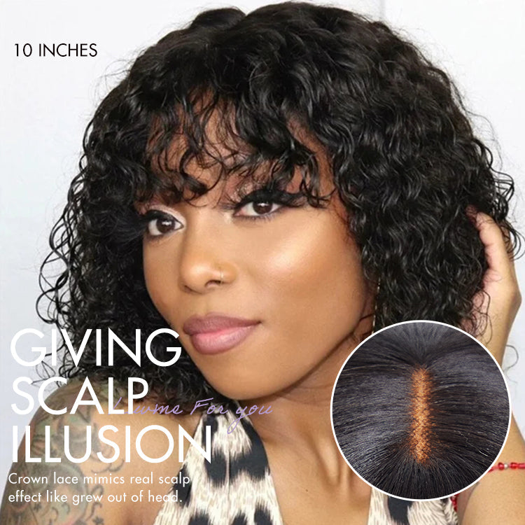 Exclusive Sale | Beginner Friendly Water Wave Minimalist Lace Glueless Short Wig with Bangs