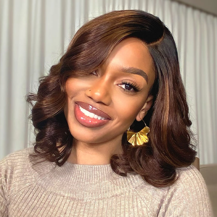 Ombre Brown Loose Wave Minimalist HD Lace Glueless C Part Short Wig 100% Human Hair - US ONLY