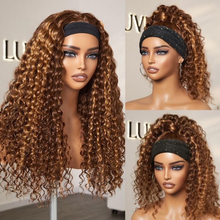 Throw On & Go Classic Style Blonde Highlight Deep Wave Glueless Headband Wig - US Only