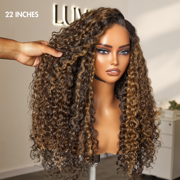 Brown Highlights Funmi Curly Glueless 5x5 Closure Lace Long Curly Wig Beginner Friendly- US Only