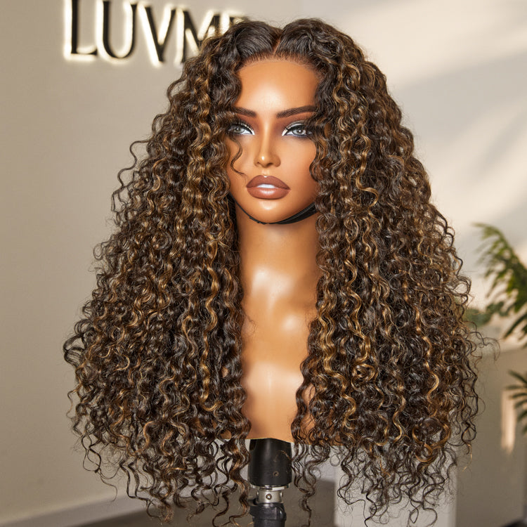 Brown Highlights Funmi Curly Glueless 5x5 Closure Lace Long Curly Wig Beginner Friendly- US Only