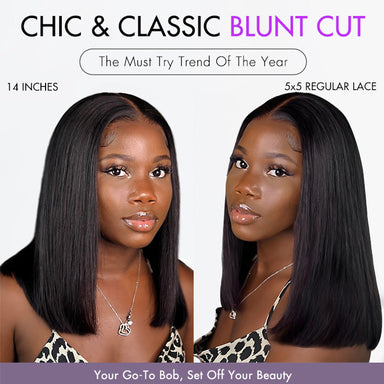 Melted Hair 150% Natural Black Wavy / Curly Bob Wig Glueless 5x5 Closure Wig