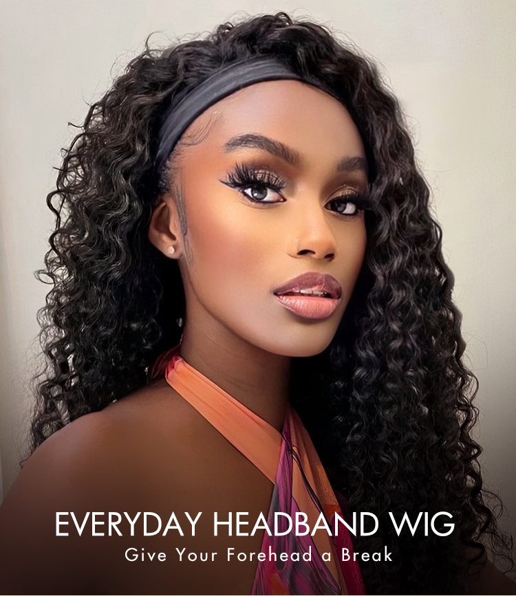 Natural Black Jerry Curly No Lace Glueless Free Part Long Headband Wig 100% Human Hair (Get Free Trendy Headbands)-01